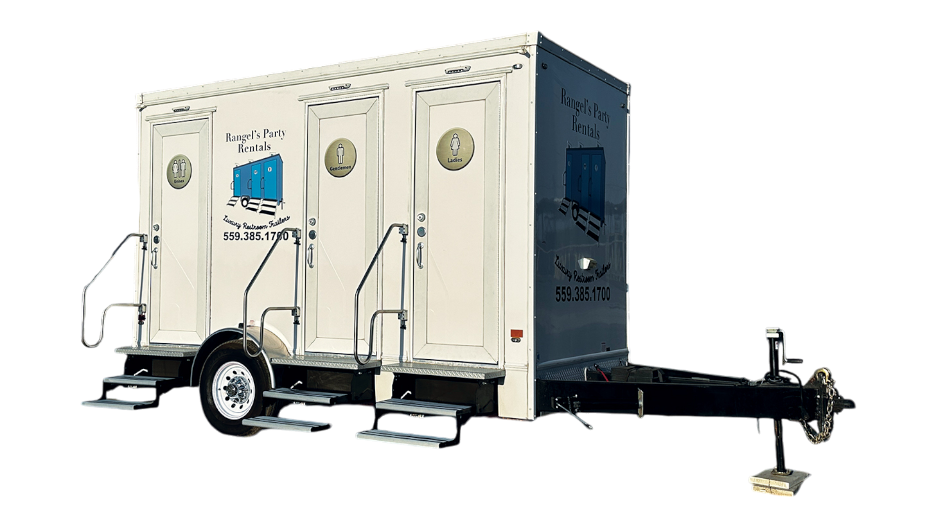 Rangel's Party Rentals 3-Station Luxury Restroom Trailer Exterior Transparent 1